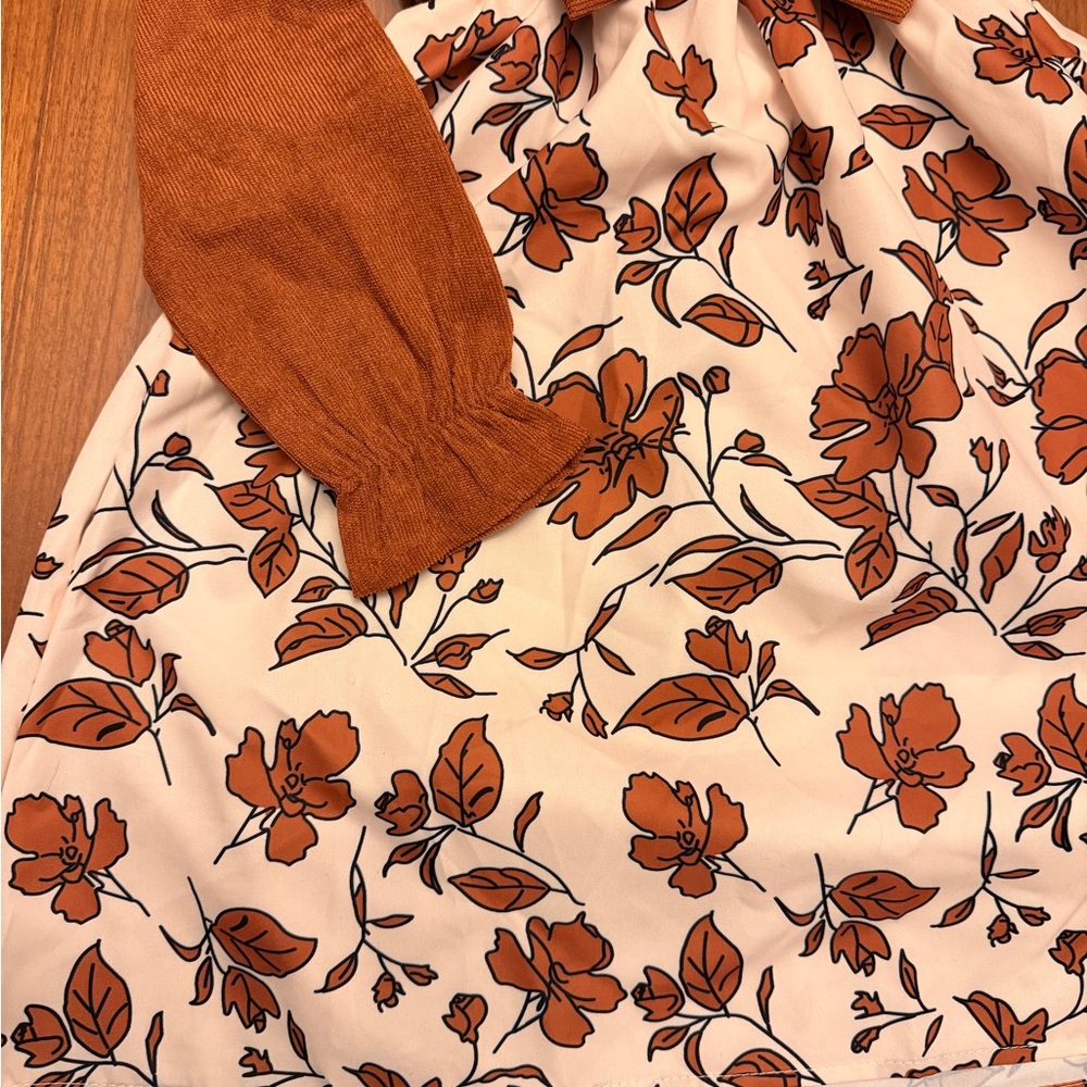 Size 8 girls brown/white ribbed ruffle dress with long sleeves & floral skirt - Picture 3 of 4